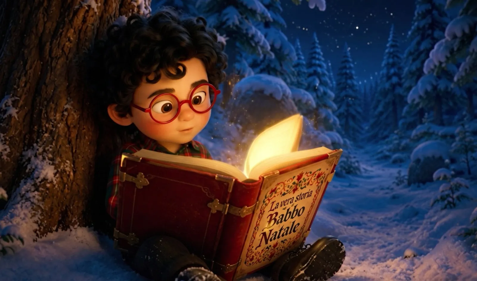 Nicolò legge il libro nel bosco innevato