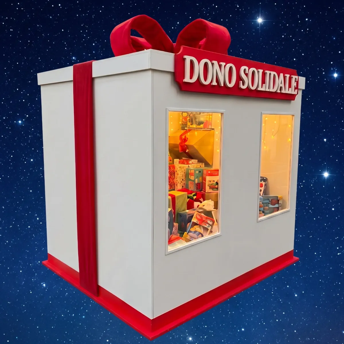 La stanza Dono Sospeso: un grande pacco regalo bianco e rosso