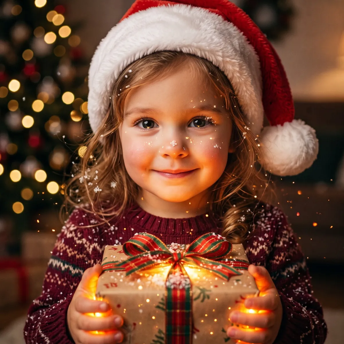 Una bambina con il cappello di Babbo Natale stringe un regalo