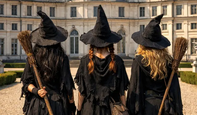 Le tre befane di spalle davanti alla Palazzina di Caccia di Stupinigi